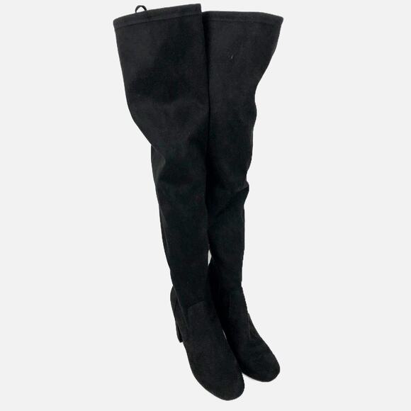 BP Womens Thigh High Boots 7.5 Black Faux Suede Pull On Lace Up Top NWOB - Picture 2 of 11